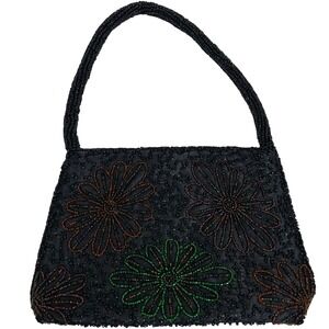 Vintage‎ K.C. Malhan Beaded Floral Handbag Black Green Evening Bag Mod Retro Y2K